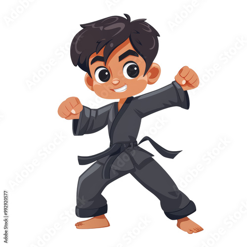 A cartoon illustration of a young boy in a black karate uniform, with a black belt, striking a pose with his fists raised.