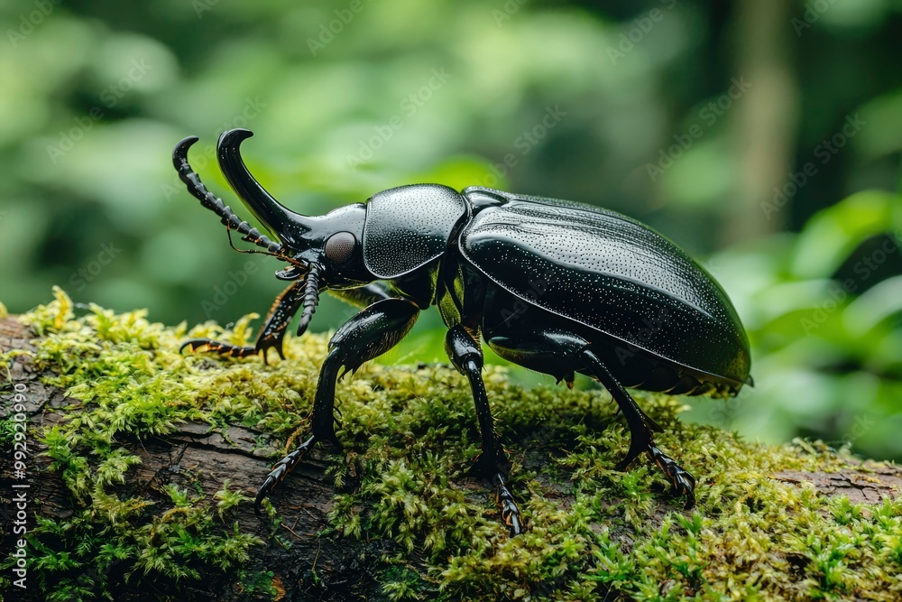 Fototapeta premium A Black Beetle with Pronounced Horns Standing on a Mossy Log