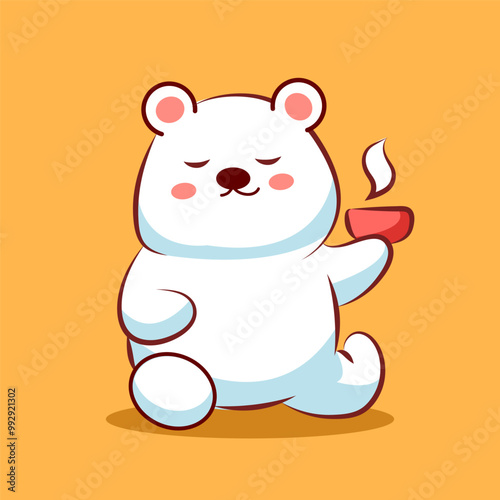 Cute cartoon polar bear drink a tea coffee animal icon concepts for elements logo or clipart