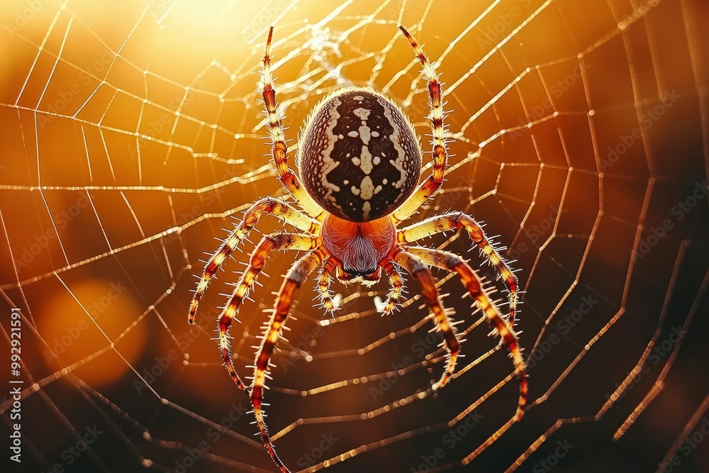 A spider with a spotted abdomen sits in its web with the sun shining behind it. A spider with a spotted abdomen sits in its web with the sun shining behind it.