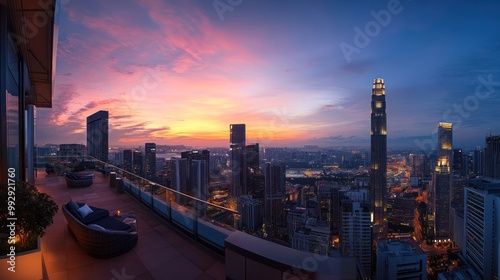 Panoramic city skyline at sunset, showcasing modern architecture and vibrant colors.