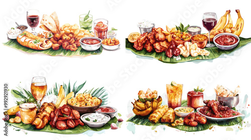 A set of four images of food and drinks, each with a different theme. The first image features a plate of food with a glass of wine, while the second image has a plate of food with a glass of beer