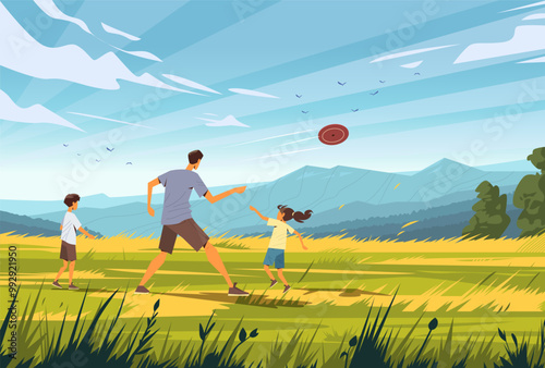 Family outdoor activity playing frisbee in open field with mountains in background clear sky birds flying green grass trees landscape website design