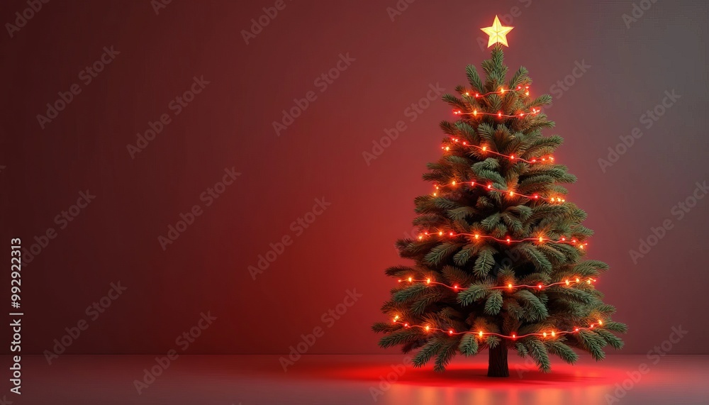 Christmas Tree Wrapped in Red and Black Garland with Warm Lights