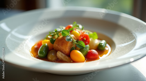 An exquisite dish featuring assorted colorful vegetables and tender herbs, presented in a sophisticated manner at a restaurant during lunchtime