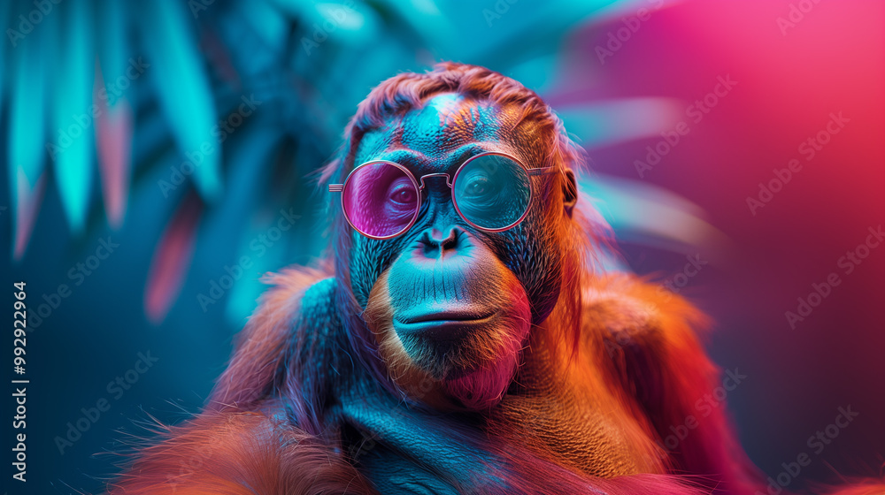 Pride orangutan with sunglasses in front of a neon background Pride orangutan with sunglasses in front of a neon background
