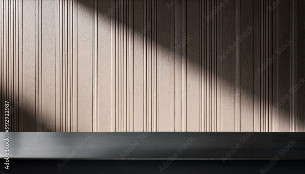 kitchen tabletop for product presentation. Empty countertop on classic wall panels background. Podium mockup with sunlight from window. kitchen tabletop for product presentation. Empty countertop on classic wall panels background. Podium mockup with sunlight from window.