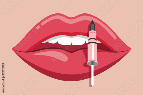 This illustration features vibrant lips with a filler syringe, representing natural enhancement techniques, Customizable lip filler illustration for a natural look.