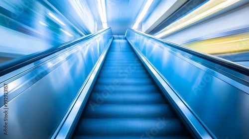 blurred background metro escalator / light blue background movement city infrastructure subway. 