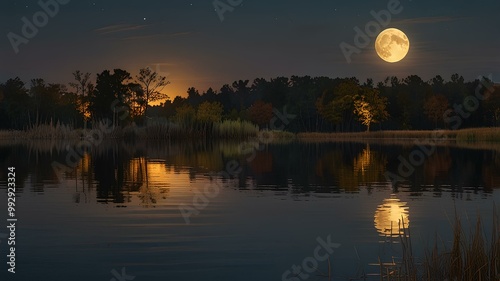 Harvest Moon Reflections on the Lake. Tranquil reflections of the harvest moon on a lake, surrounded by golden fields. Realistic style. photo