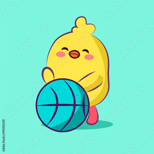 cute yellow chicken with a ball vector IIlustrations photo