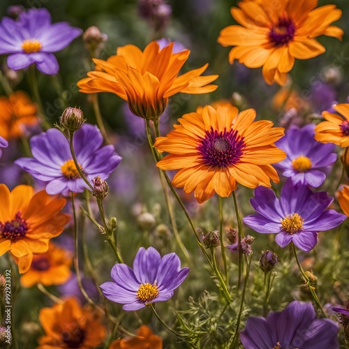 Vibrant close-up of blooming wildflowers with glowing petals in natural sunlight in a botanical garden 