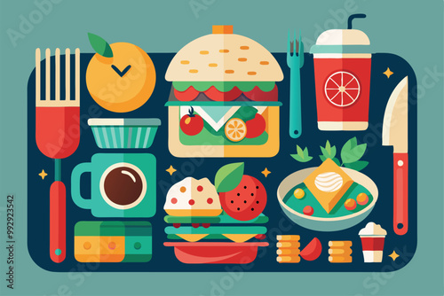 A vibrant lunchtime layout showcases a variety of delicious foods including a burger, salad, and beverages, Customizable lunchtime illustration with disproportionate elements.