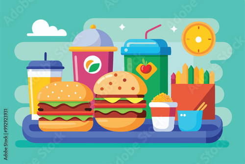 Delicious fast food laid out on a tray, showcasing burgers, drinks, and snacks perfect for lunchtime, Customizable lunchtime illustration