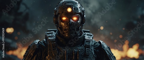 A cyborg soldier fighting in a warzone movie story seen trail cam footage, rear view, wide angle shot, a striking contrast against the soft, blurred background	
