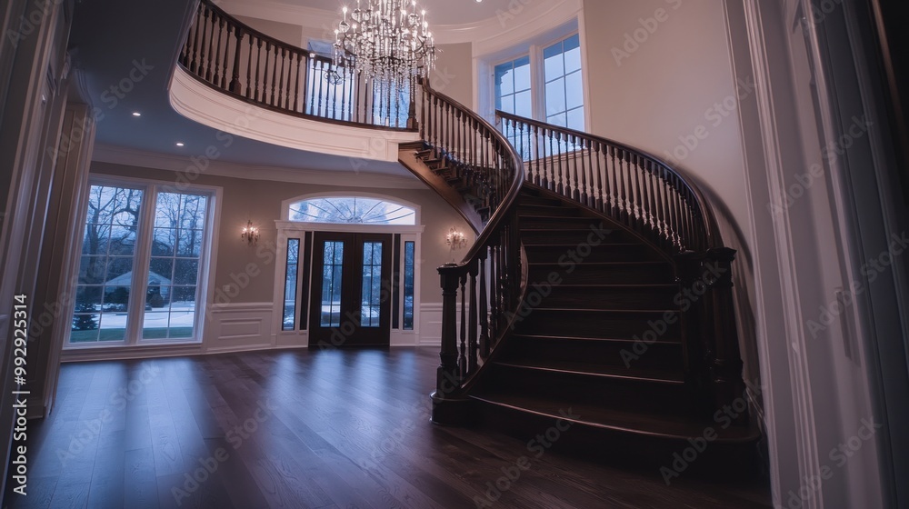 Obraz premium Elegant foyer featuring a grand staircase and chandelier in a well-lit space.