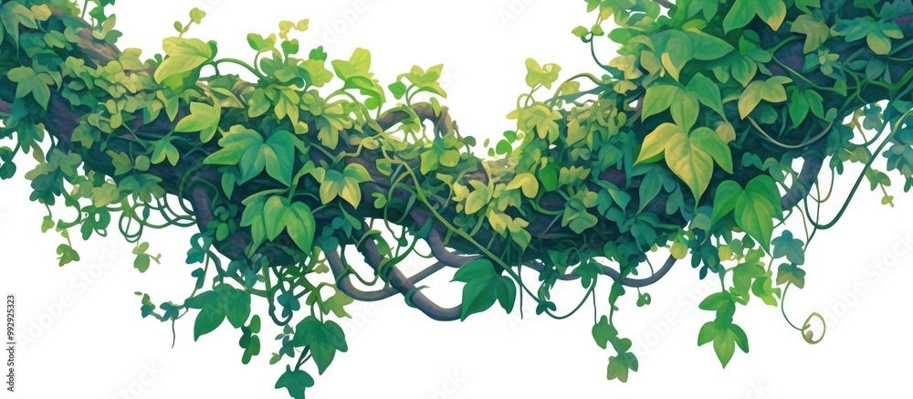 Fototapeta premium Painting of tangled wild liana jungle vines on a white background featuring a clipping path for easy integration