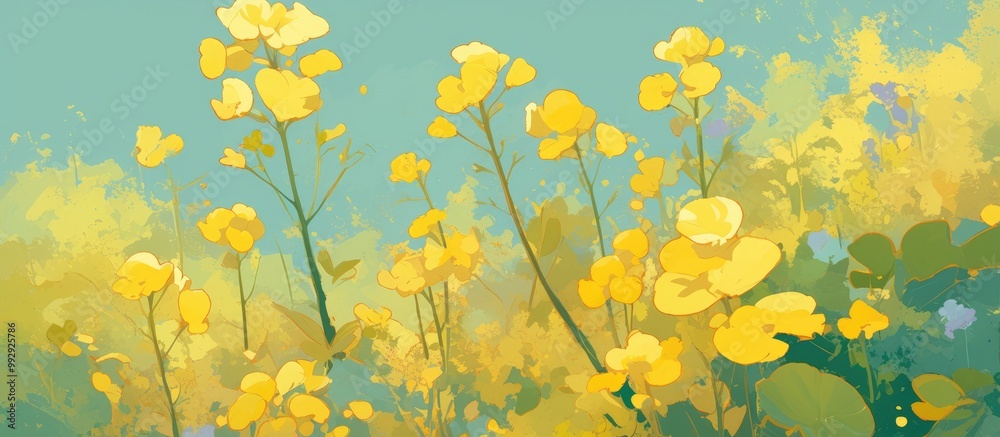 Painting of mustard flower background texture with mustard plants growing Edible oil is extracted from the seeds of these flowers Painting of mustard flower background texture with mustard plants growing Edible oil is extracted from the seeds of these flowers