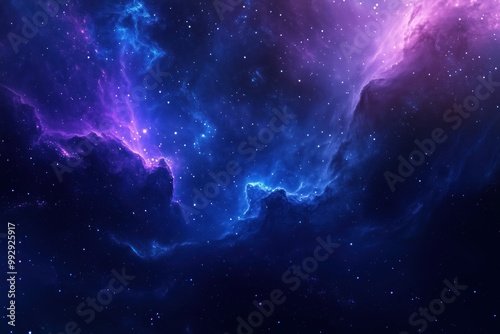 Swirling nebulae and sparkling stars create a mystical galaxy in deep blue and purple tones