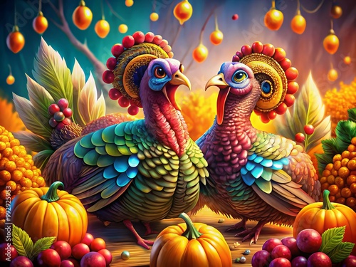 Bright, whimsical turkeys decorated for Thanksgiving, eagerly anticipating a joyful feast. These colorful characters
