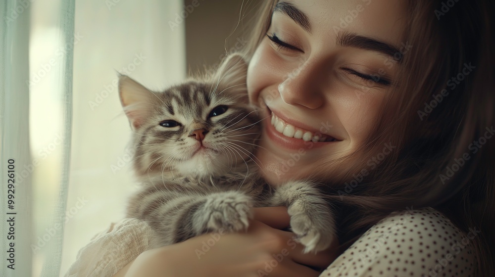 Smiling Woman Embarance Cute Kitten in Cozy Home Generative Ai Image Smiling Woman Embarance Cute Kitten in Cozy Home Generative Ai Image