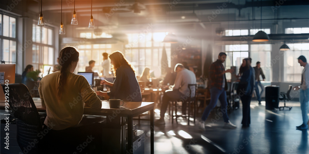 Office worker woman sits at a desk in an overcrowded office. Sun shines through the big windows. Office worker woman sits at a desk in an overcrowded office. Sun shines through the big windows.