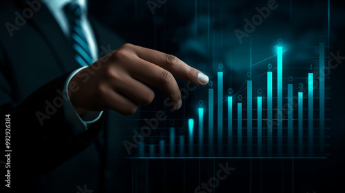 Businessman pointing at a glowing upward trend graph