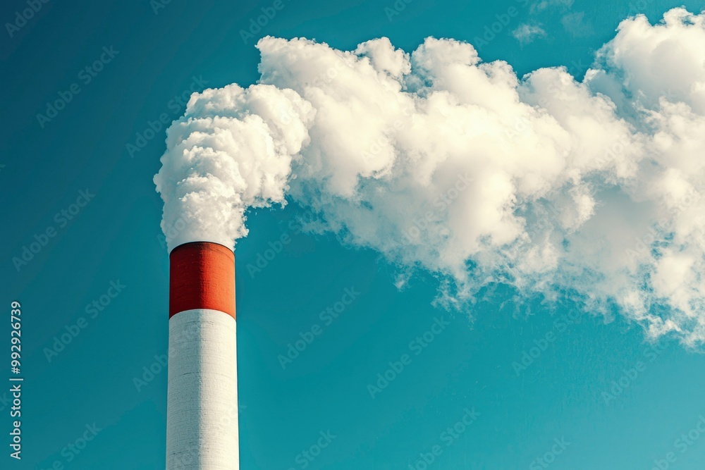 A Tall Brick Chimney Emitting White Smoke into a Blue Sky A Tall Brick Chimney Emitting White Smoke into a Blue Sky