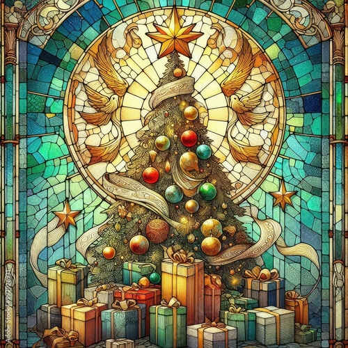 tained Glass Christmas Wonderland – Festive Tree and Gifts with Generative AI photo