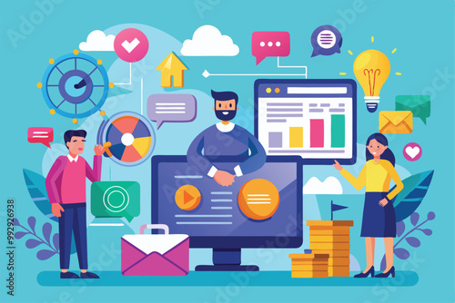 A vibrant marketing illustration showing three diverse individuals engaging with technology and data, Customizable marketing illustration