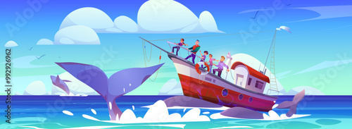 Large whale pushing fishing boat with men and teenagers on board from underwater. Sea or ocean landscape with humpback under ship. Cartoon vector seascape with huge water animals around fisher yacht.