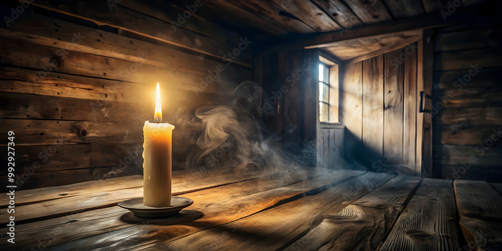 Candlelight in a Rustic Cabin: A solitary candle burns brightly on a weathered wooden table, casting an ethereal glow in a dark, rustic cabin. The smoke from the candle curls upwards. Candlelight in a Rustic Cabin: A solitary candle burns brightly on a weathered wooden table, casting an ethereal glow in a dark, rustic cabin. The smoke from the candle curls upwards.