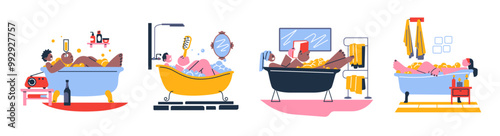Relaxing people taking a bath. Home bathroom, cartoon doodle characters lying in a bathtub with foam, shower room interior, hygiene and personal care