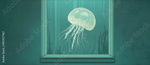 Surreal 2D linear illustration of a jellyfish floating in a window depicting a dreamy cartoon scene with an abstract flat 2d graphic of a jelly medusa photo