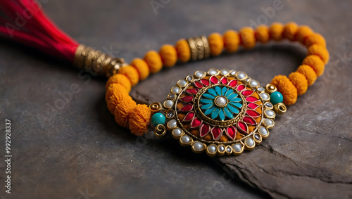 Rakhri Bracelet: A close-up view of a traditional Indian Rakhri bracelet, a symbol of love, protection, and the sacred bond between siblings. photo