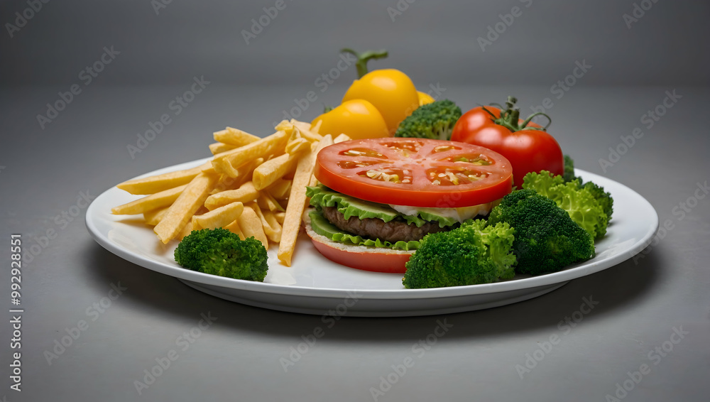 Burger with Side of Health: A juicy burger, nestled between a halved tomato, sits on a plate surrounded by a colorful medley of broccoli, tomatoes, and french fries. Burger with Side of Health: A juicy burger, nestled between a halved tomato, sits on a plate surrounded by a colorful medley of broccoli, tomatoes, and french fries.