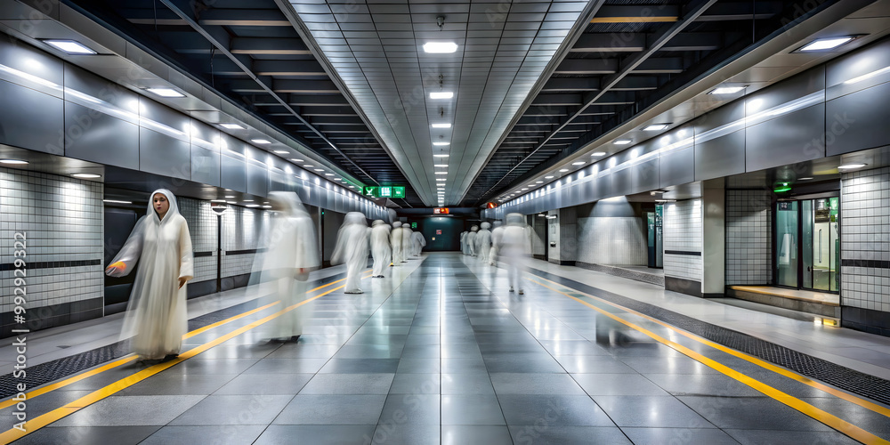 The Silent Passage: A haunting image of figures in white robes walking through a modern subway tunnel, their faces obscured, creating a sense of mystery and anonymity. The Silent Passage: A haunting image of figures in white robes walking through a modern subway tunnel, their faces obscured, creating a sense of mystery and anonymity.