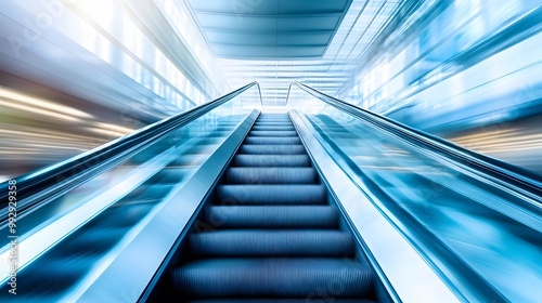 blurred background metro escalator / light blue background movement city infrastructure subway. 