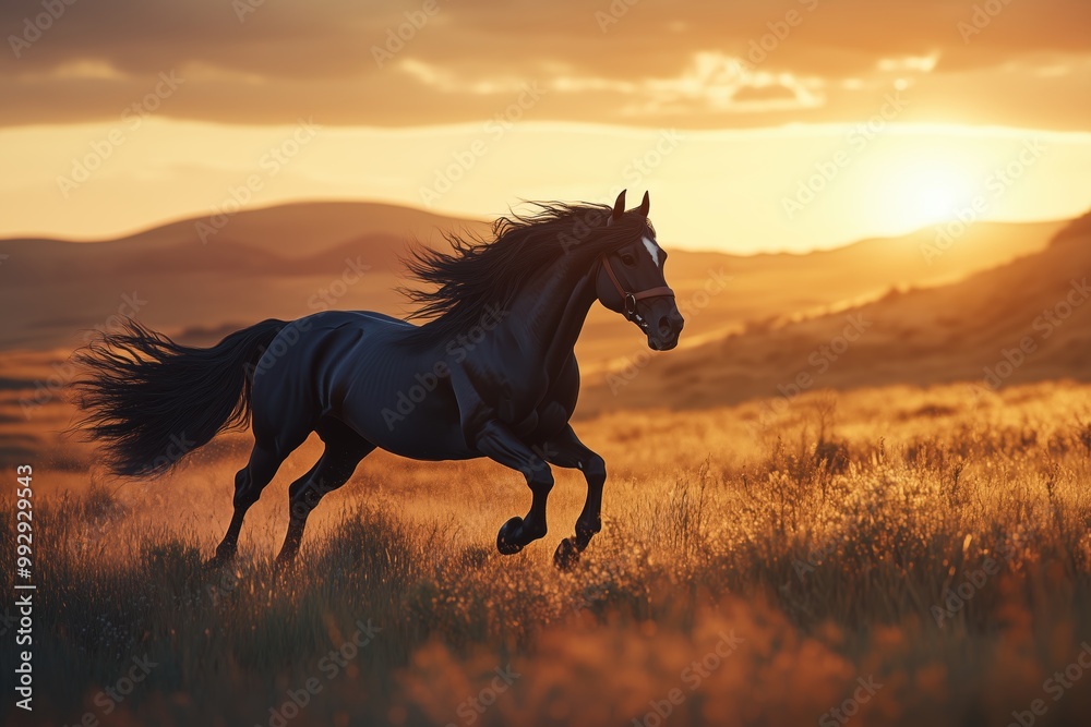Powerful Friesian horse in motion, captured in the sunset light over gentle hills Powerful Friesian horse in motion, captured in the sunset light over gentle hills
