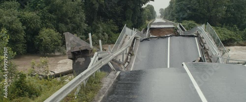 Bridge collapsed broken road river water catastrophic floods damage