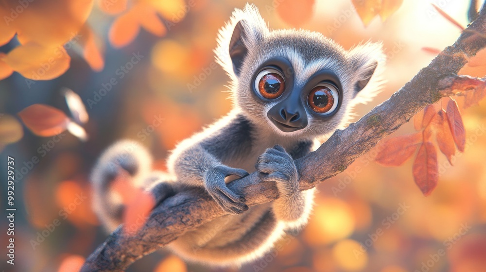 A cute lemur perched on a branch, surrounded by autumn leaves and soft light. A cute lemur perched on a branch, surrounded by autumn leaves and soft light.