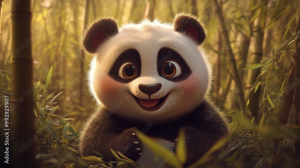 A cheerful cartoon panda smiles amidst bamboo, exuding a playful and friendly vibe. A cheerful cartoon panda smiles amidst bamboo, exuding a playful and friendly vibe.