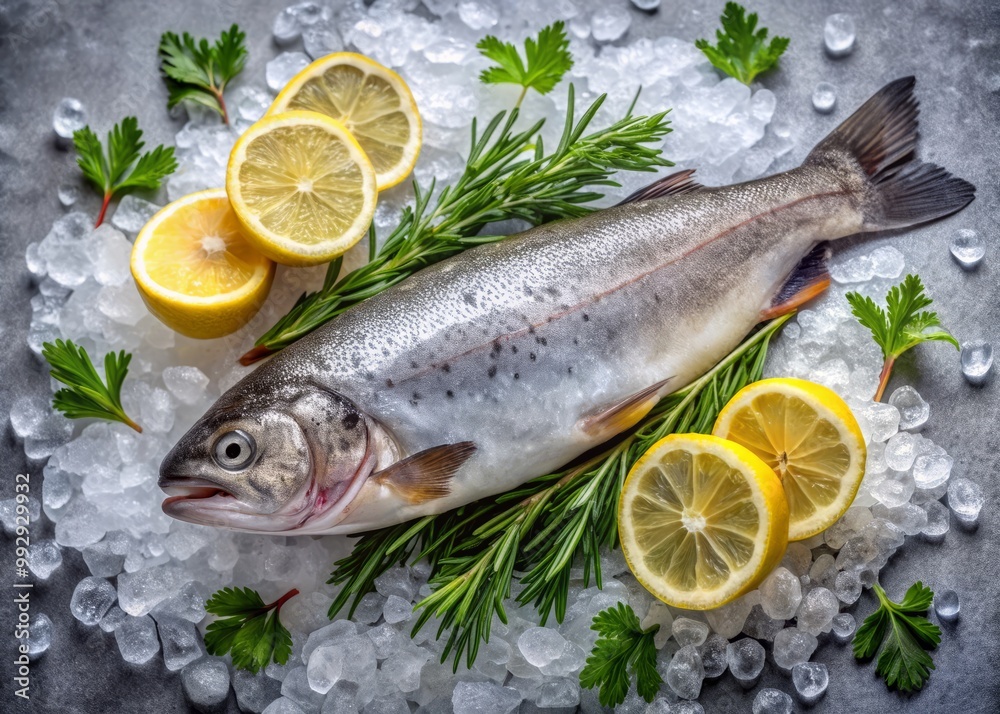 Chilled white trout sits on ice, ready to be cooked, elegantly garnished with zesty lemon slices and fragrant Chilled white trout sits on ice, ready to be cooked, elegantly garnished with zesty lemon slices and fragrant