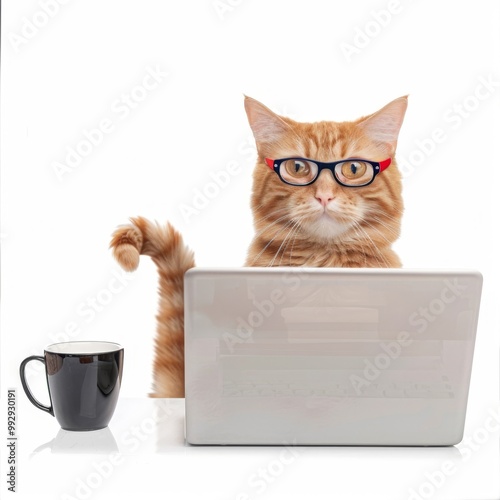 Ginger cat with glasses works at a laptop
