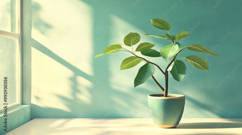 A potted plant on a table, illuminated by sunlight, against a turquoise wall. A potted plant on a table, illuminated by sunlight, against a turquoise wall.