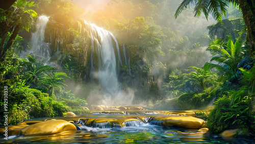 A cascading waterfall surrounded by lush greenery, its mist creating a rainbow in the sunlight.