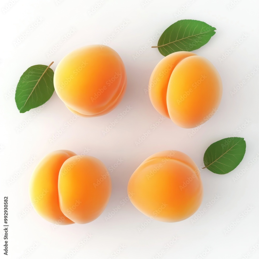 Four ripe peaches with green leaves on a white background. Four ripe peaches with green leaves on a white background.