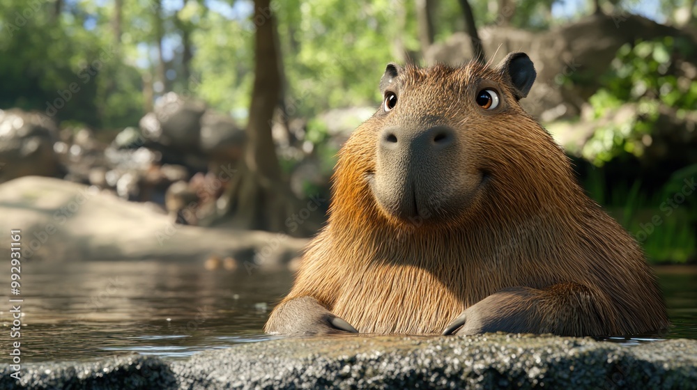 A cute capybara relaxing in water, surrounded by a natural setting of greenery and rocks. A cute capybara relaxing in water, surrounded by a natural setting of greenery and rocks.