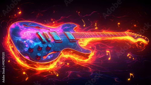 A Guitar Drawn with Neon Lights Against a Dark Background, Creating a Vibrant and Eye-Catching Visual Effect That Celebrates Music and Artistic Expression in a Contemporary Style 