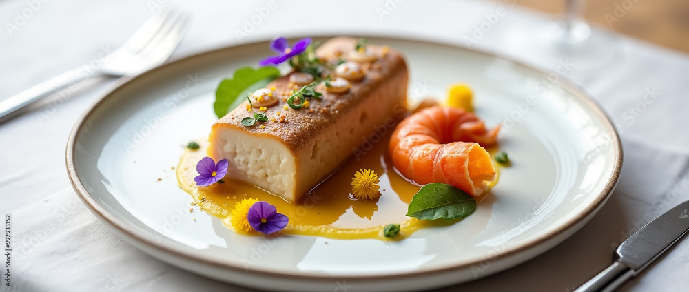 A delicious dessert is presented on a white plate, featuring a smooth, creamy filling accompanied by edible flowers and a shrimp, creating a vibrant culinary experience